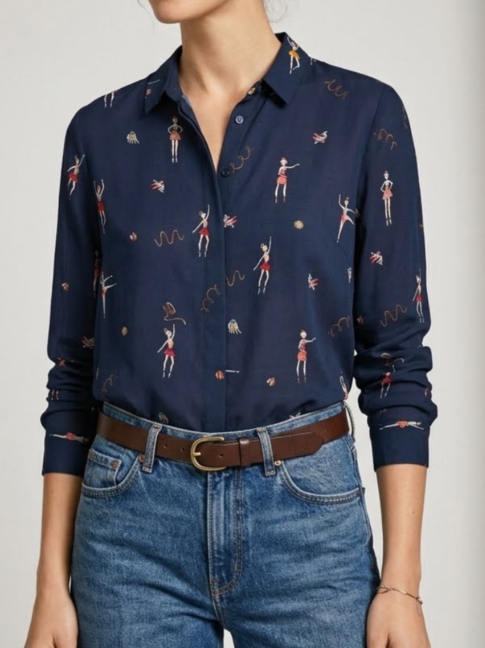 ZARA Ballerina Button Down Semi Sheer Tiny Dancer Novelty Print Top Large